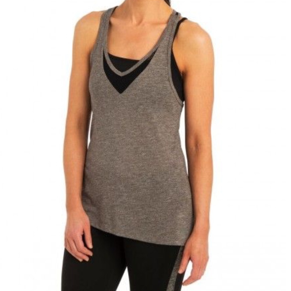 Grey Pure Barre tank with black mesh
